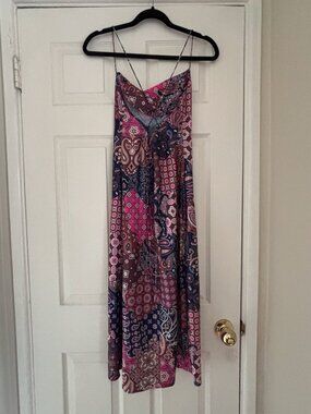 Kilo Brava Patchwork Satin Cowl Slip Boho Paisley Dress Sz. L NWT